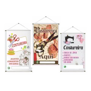 Banner prontos modelos variados tema: Costureira Lona 280g   Brilho Madeira e cordinha 