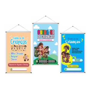 Banner prontos modelos variados tema: Cuidadora de Criança Lona 280g   Brilho Madeira e cordinha 
