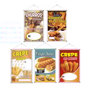 Banner prontos modelos variados tema: Churros e crepes Lona 280g   Brilho Madeira e cordinha 