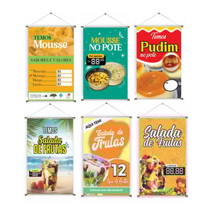 Banner prontos modelos variados tema: Mousse / Salada de fruta Lona 280g   Brilho Madeira e cordinha 