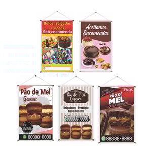 Banner prontos modelos variados tema: Sobremesas/ Pão de Mel Lona 280g   Brilho Madeira e cordinha 