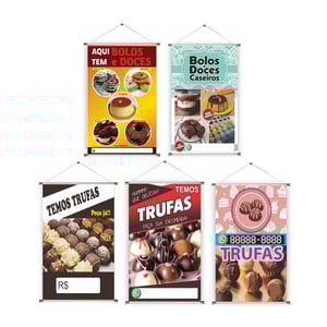 Banner prontos modelos variados tema: Bolo e Doces Lona 280g   Brilho Madeira e cordinha 