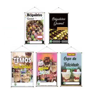 Banner prontos modelos variados tema: Brigadeiro/ Copo da Felicidade Lona 280g   Brilho Madeira e cordinha 