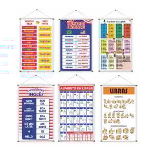 Banner prontos modelos variados tema: Inglês / Libras Lona 280g   Brilho Madeira e cordinha 