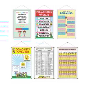 Banner prontos modelos variados tema: Palavras Mágicas / Números romanos Lona 280g   Brilho Madeira e cordinha 