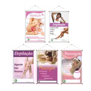 Banner prontos modelos variados tema: Depilação / Massagem Lona 280g   Brilho Madeira e cordinha 