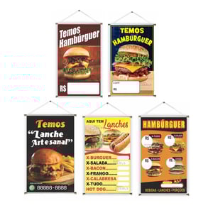 Banner prontos modelos variados tema: Hamburguer Lona 280g   Brilho Madeira e cordinha 