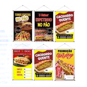 Banner prontos modelos variados tema: Lanches Lona 280g   Brilho Madeira e cordinha 