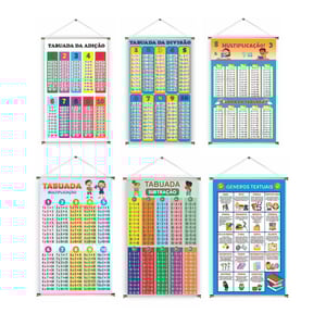 Banner prontos modelos variados tema: Tabuada / Textual Lona 280g   Brilho Madeira e cordinha 