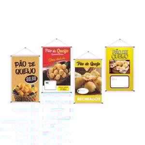 Banner prontos modelos variados tema: Pão de Queijo Lona 280g   Brilho Madeira e cordinha 