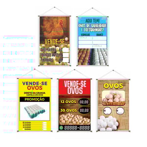 Banner prontos modelos variados tema: Vende-se ovos Lona 280g   Brilho Madeira e cordinha 