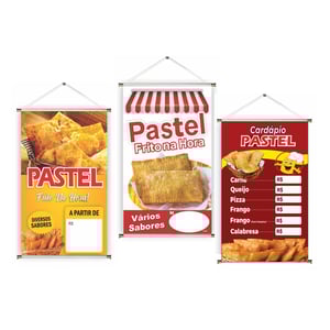 Banner prontos modelos variados tema: Pastel Lona 280g   Brilho Madeira e cordinha 