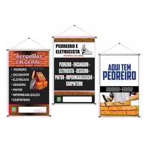 Banner prontos modelos variados tema: Pedreiro Lona 280g   Brilho Madeira e cordinha 