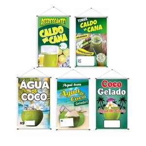 Banner prontos modelos variados tema: Caldo de Cana e Coco Lona 280g   Brilho Madeira e cordinha 