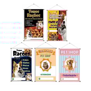 Banner prontos modelos variados tema: Ração/Veterinário Lona 280g   Brilho Madeira e cordinha 