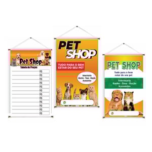 Banner prontos modelos variados tema: Pet Shop Lona 280g   Brilho Madeira e cordinha 