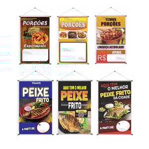 Banner prontos modelos variados tema: Porções Lona 280g   Brilho Madeira e cordinha 