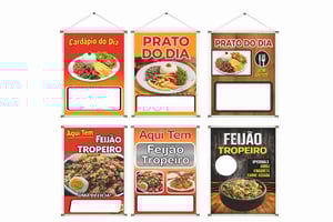 Banner prontos modelos variados tema: Prato do dia/ Feijão tropeiro Lona 280g   Brilho Madeira e cordinha 