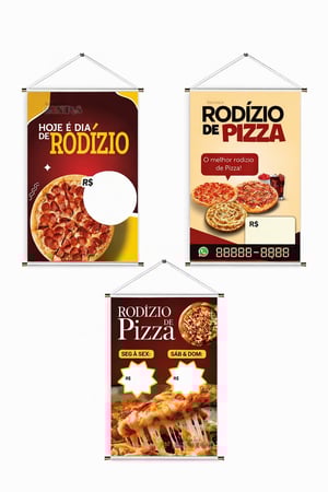 Banner prontos modelos variados tema: Rodízio de Pizza Lona 280g   Brilho Madeira e cordinha 