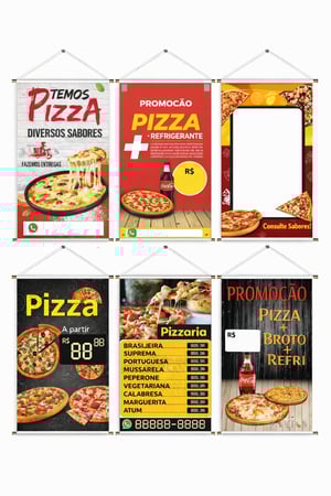 Banner prontos modelos variados tema: Pizza/Refrigerante Lona 280g   Brilho Madeira e cordinha 