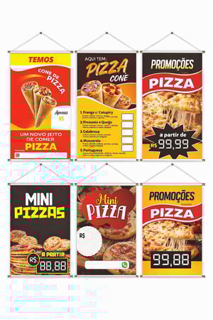 Banner prontos modelos variados tema: Pizzaria Lona 280g   Brilho Madeira e cordinha 