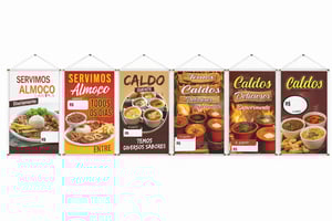 Banner prontos modelos variados tema: Almoço/Caldos Lona 280g   Brilho Madeira e cordinha 