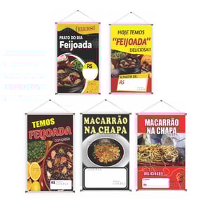 Banner prontos modelos variados tema: Feijoada/Macarrão Lona 280g   Brilho Madeira e cordinha 