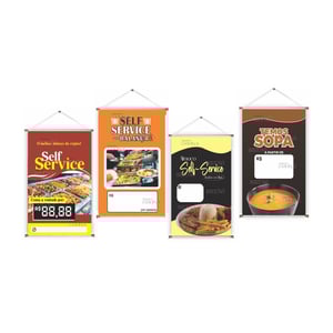 Banner prontos modelos variados tema: Self Service/ Sopa Lona 280g   Brilho Madeira e cordinha 