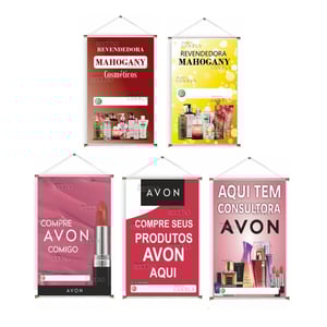 Banner prontos modelos variados tema: Cosméticos Lona 280g   Brilho Madeira e cordinha 