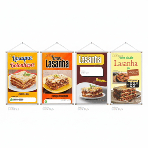 Banner prontos modelos variados tema: Lasanha Lona 280g   Brilho Madeira e cordinha 