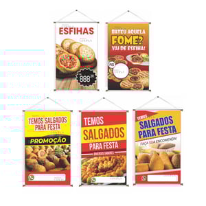 Banner prontos modelos variados tema: Esfihas/Salgados de festa Lona 280g   Brilho Madeira e cordinha 