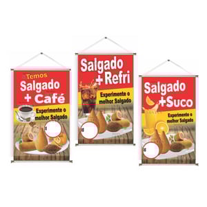 Banner prontos modelos variados tema: Salgados com Bebidas Lona 280g   Brilho Madeira e cordinha 