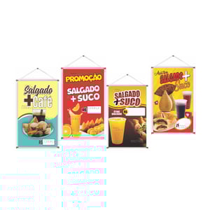 Banner prontos modelos variados tema: Salgados + Bebidas Lona 280g   Brilho Madeira e cordinha 