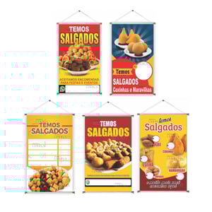 Banner prontos modelos variados tema: Salgados Lona 280g   Brilho Madeira e cordinha 