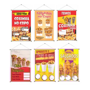 Banner prontos modelos variados tema: Salgado no copo Lona 280g   Brilho Madeira e cordinha 