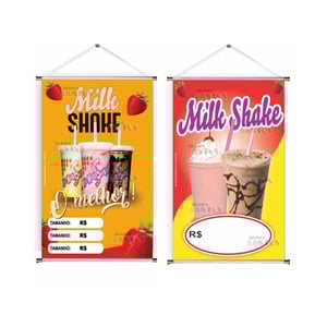 Banner prontos modelos variados tema: Milk Shake Lona 280g   Brilho Madeira e cordinha 