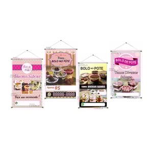 Banner prontos modelos variados tema: Bolo no pote Lona 280g   Brilho Madeira e cordinha 