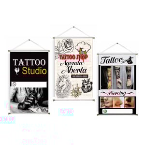Banner prontos modelos variados tema: Tatto Lona 280g   Brilho Madeira e cordinha 