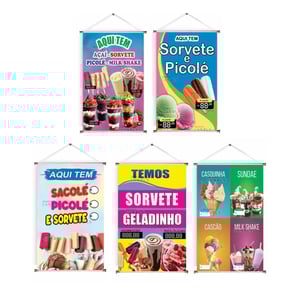 Banner prontos modelos variados tema: Picolé/Sacolé Lona 280g   Brilho Madeira e cordinha 