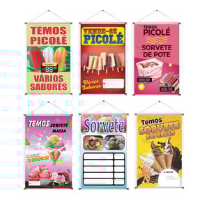 Banner prontos modelos variados tema: Sorvetes Lona 280g   Brilho Madeira e cordinha 