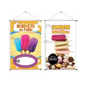 Banner prontos modelos variados tema: Sorvete no palito Lona 280g   Brilho Madeira e cordinha 