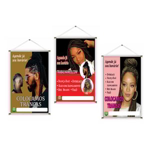 Banner prontos modelos variados tema: Tranças Lona 280g   Brilho Madeira e cordinha 