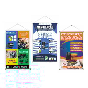 Banner prontos modelos variados tema: Tec. Informática Lona 280g   Brilho Madeira e cordinha 