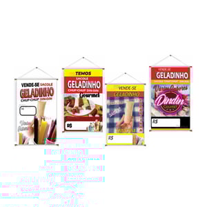 Banner prontos modelos variados tema: Geladinho Lona 280g   Brilho Madeira e cordinha 