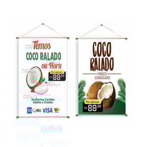 Banner prontos modelos variados tema: Coco Ralado Lona 280g   Brilho Madeira e cordinha 