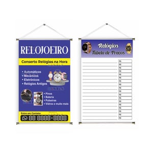 Banner prontos modelos variados tema: Relojoeiro Lona 280g   Brilho Madeira e cordinha 