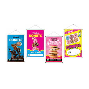 Banner prontos modelos variados tema: Donuts Lona 280g   Brilho Madeira e cordinha 