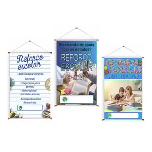 Banner prontos modelos variados tema: Reforço escolar Lona 280g   Brilho Madeira e cordinha 
