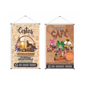 Banner prontos modelos variados tema: Cesta café Lona 280g   Brilho Madeira e cordinha 