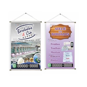 Banner prontos modelos variados tema: Bordadeira Lona 280g   Brilho Madeira e cordinha 